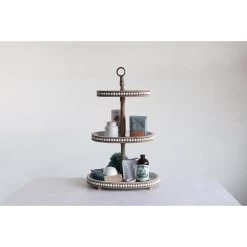 Decorative Oval Beaded Wood 3-Tier Tray