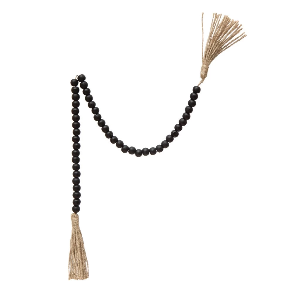 Wood Bead Garland, Jute Tassels, Black, 28" L 1 Wood Bead Garland, Jute Tassels, Black, 28" L