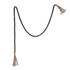 Paulownia Wood Bead Garland, Jute Tassels, Distressed Black, 72"L