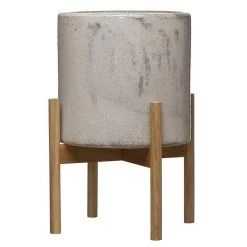 Stoneware Planter With Wood Stand