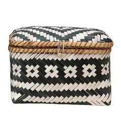 Large Black And White Hand Woven Bamboo Box
