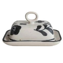 Creative Co-Op Hand Painted Stoneware Butter Dish