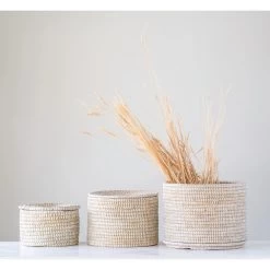 Natural Woven Seagrass Baskets With Lid, Whitewashed, 3 Size Options