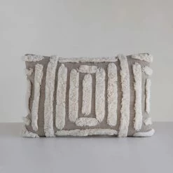 Woven Cotton Lumbar Pillow With Tufted Design, Tan & Cream