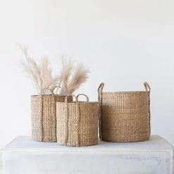 Hand-Woven Seagrass Baskets With Handles, Natural, 3 Size Options