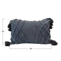 Stonewashed Cotton Blend Slub Pillow With Tufted Pattern & Tassels, Blue -Creative Co-op Sales Store df4563 5