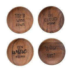 Tapas Plates With Burned Wine Saying & Abaca Tie, Natural, Set Of 4