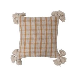 Woven Cotton Slub Plaid Pillow With Tassels, Mustard & Cream