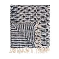 Woven Cotton Throw With Fringe, Navy & Cream Color