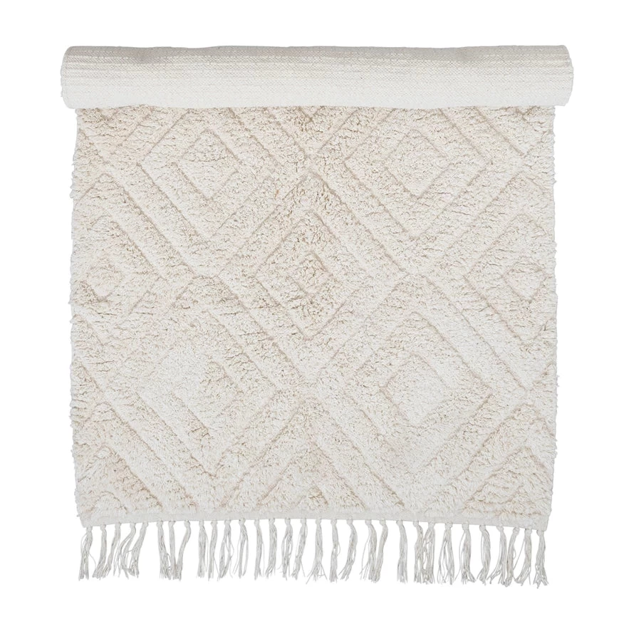 Cotton Tufted Rug With Diamond Pattern & Fringe, Cream (Pick Up Only) 1 Cotton Tufted Rug With Diamond Pattern & Fringe, Cream (Pick Up Only)