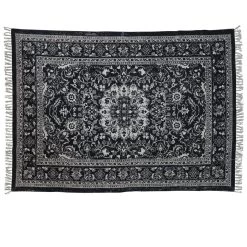 Woven Cotton Distressed Print Dhurrie Rug With Fringe, Black & White (Pick Up Only)