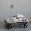 Vintage Reproduction Factory Cart Ottoman/Table On Metal Wheels & Linen Upholstered Cushion With Stripes, Black & Natural (Special Order Available - Pick Up Only)