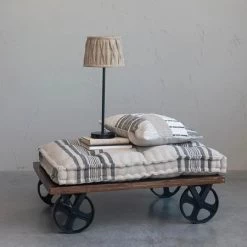 Vintage Reproduction Factory Cart Ottoman/Table On Metal Wheels & Linen Upholstered Cushion With Stripes, Black & Natural (Special Order Available - Pick Up Only)