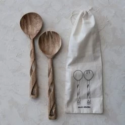 Hand-Carved Mango Wood Salad Servers With Twisted Handles, Natural, Set Of 2