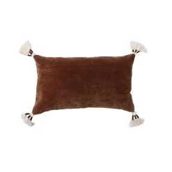 Cotton Velvet Lumbar Pillow With Tassels, Brown & Cream