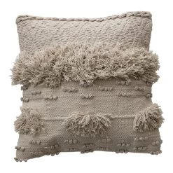 20" Square Cotton Textured Pillow With Fringe, Cream