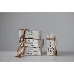 Wood Block Books With Saying & Jute Tie, 4 Style Options