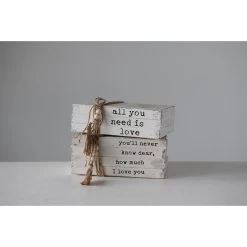 "Love" Wood Block Books With Saying & Beaded Jute Tie, White, 2 Style Options