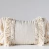 Chenille Woven Lumbar Pillow With Fringe, Cream, 24”