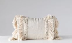 Chenille Woven Lumbar Pillow With Fringe, Cream, 24”