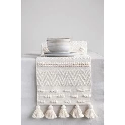 Woven Cotton Textured Table Runner W/ Pom Poms & Tassels