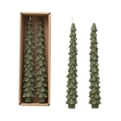 10" Unscented Tree Shaped Taper Candles, Evergreen, Boxed Set Of 2