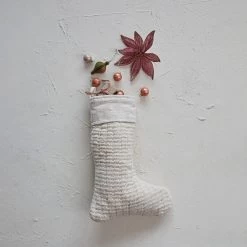 Wool Knit Stocking With Cotton Slub Cuff, Cream