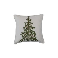 Christmas Tree Printed Pillow With Embroidery & Piping, White & Green